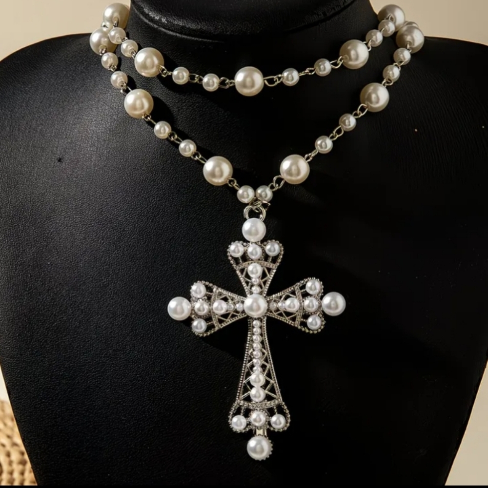 2 Piece Elegant Silver and Pearl Cross Necklace Set - Picture 3 of 4